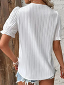 Women's Solid Blouse – V-Neck Lace Trim Puff Sleeve Pleated Front Summer Top