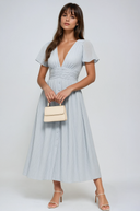Women's Solid Boho Midi Dress – Deep V-Neck Flutter Sleeve Ruched Waist Button Front