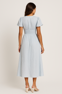 Women's Solid Boho Midi Dress – Deep V-Neck Flutter Sleeve Ruched Waist Button Front