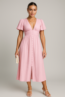 Women's Solid Boho Midi Dress – Deep V-Neck Flutter Sleeve Ruched Waist Button Front