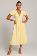 Women's Solid Boho Midi Dress – Deep V-Neck Flutter Sleeve Ruched Waist Button Front