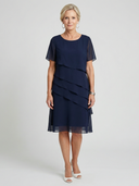 Women's Solid Chiffon Midi – Round Neck Short Sleeve Diagonal Tiered Layer Wedding Guest Dress