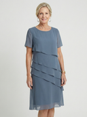 Women's Solid Chiffon Midi – Round Neck Short Sleeve Diagonal Tiered Layer Wedding Guest Dress
