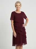 Women's Solid Chiffon Midi – Round Neck Short Sleeve Diagonal Tiered Layer Wedding Guest Dress