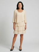 Women's Solid Chiffon Mini – Round Neck Flare 3/4 Sleeve Three Tier Layered Wedding Guest Dress