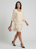 Women's Solid Chiffon Mini – Round Neck Flare 3/4 Sleeve Three Tier Layered Wedding Guest Dress