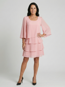Women's Solid Chiffon Mini – Round Neck Flare 3/4 Sleeve Three Tier Layered Wedding Guest Dress
