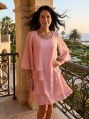 Women's Solid Chiffon Mini – Round Neck Flare 3/4 Sleeve Three Tier Layered Wedding Guest Dress