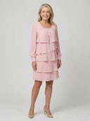 Women's Solid Chiffon Mini – Round Neck Long Sleeve Four Tier Layered Wedding Guest Dress