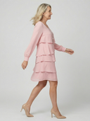 Women's Solid Chiffon Mini – Round Neck Long Sleeve Four Tier Layered Wedding Guest Dress