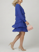 Women's Solid Chiffon Mini – Round Neck Long Sleeve Four Tier Layered Wedding Guest Dress