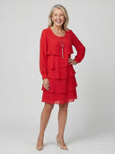 Women's Solid Chiffon Mini – Round Neck Long Sleeve Four Tier Layered Wedding Guest Dress