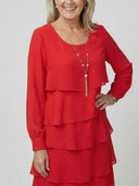 Women's Solid Chiffon Mini – Round Neck Long Sleeve Four Tier Layered Wedding Guest Dress