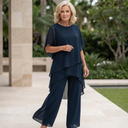 Women's Solid Chiffon Two Piece Set – Round Neck Asymmetric Top Wide Leg Pants
