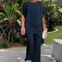 Women's Solid Chiffon Two Piece Set – Round Neck Asymmetric Top Wide Leg Pants