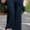 Women's Solid Chiffon Two Piece Set – Round Neck Asymmetric Top Wide Leg Pants