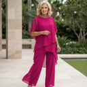 Women's Solid Chiffon Two Piece Set – Round Neck Asymmetric Top Wide Leg Pants