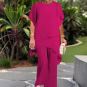 Women's Solid Chiffon Two Piece Set – Round Neck Asymmetric Top Wide Leg Pants