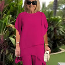Women's Solid Chiffon Two Piece Set – Round Neck Asymmetric Top Wide Leg Pants