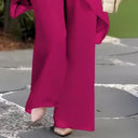 Women's Solid Chiffon Two Piece Set – Round Neck Asymmetric Top Wide Leg Pants