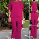 Women's Solid Chiffon Two Piece Set – Round Neck Asymmetric Top Wide Leg Pants