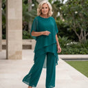 Women's Solid Chiffon Two Piece Set – Round Neck Asymmetric Top Wide Leg Pants