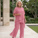 Women's Solid Chiffon Two Piece Set – Round Neck Asymmetric Top Wide Leg Pants