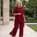 Women's Solid Chiffon Two Piece Set – Round Neck Asymmetric Top Wide Leg Pants