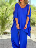 Women's Solid Cold Shoulder Two-Piece Set – V Neck Oversized Top Wide-Leg Pants