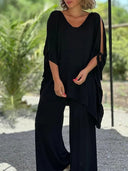 Women's Solid Cold Shoulder Two-Piece Set – V Neck Oversized Top Wide-Leg Pants