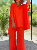 Women's Solid Cold Shoulder Two-Piece Set – V Neck Oversized Top Wide-Leg Pants