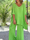 Women's Solid Cold Shoulder Two-Piece Set – V Neck Oversized Top Wide-Leg Pants