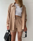 Women's Solid Crinkle Two-Piece Set – Button-Up Shirt Drawstring Shorts Summer