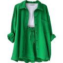 Women's Solid Crinkle Two-Piece Set – Button-Up Shirt Drawstring Shorts Summer