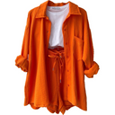 Women's Solid Crinkle Two-Piece Set – Button-Up Shirt Drawstring Shorts Summer