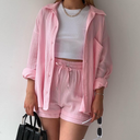 Women's Solid Crinkle Two-Piece Set – Button-Up Shirt Drawstring Shorts Summer