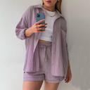Women's Solid Crinkle Two-Piece Set – Button-Up Shirt Drawstring Shorts Summer