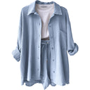 Women's Solid Crinkle Two-Piece Set – Button-Up Shirt Drawstring Shorts Summer