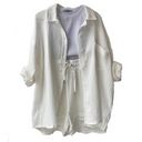Women's Solid Crinkle Two-Piece Set – Button-Up Shirt Drawstring Shorts Summer
