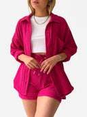 Women's Solid Crinkle Two-Piece Set – Button-Up Shirt Drawstring Shorts Summer
