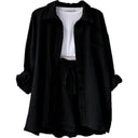 Women's Solid Crinkle Two-Piece Set – Button-Up Shirt Drawstring Shorts Summer