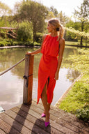 Women's Solid Halter Midi Dress – Gathered Neckline Sleeveless Side Slit Summer
