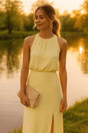 Women's Solid Halter Midi Dress – Gathered Neckline Sleeveless Side Slit Summer
