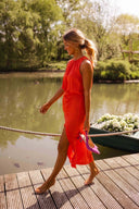 Women's Solid Halter Midi Dress – Gathered Neckline Sleeveless Side Slit Summer