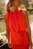 Women's Solid Halter Midi Dress – Gathered Neckline Sleeveless Side Slit Summer