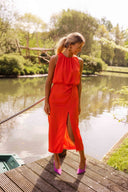 Women's Solid Halter Midi Dress – Gathered Neckline Sleeveless Side Slit Summer