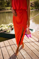 Women's Solid Halter Midi Dress – Gathered Neckline Sleeveless Side Slit Summer