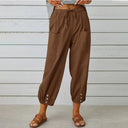 Women's Solid High Waist Pants – Drawstring Tapered Ankle Button Cuff Pockets