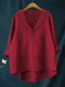 Women's Solid Lapel Collar Blouse – V Neck Long Sleeve Casual Everyday Pullover Top