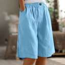 Women's Solid Linen Bermuda Shorts – Elastic Waist Wide Leg Casual Summer